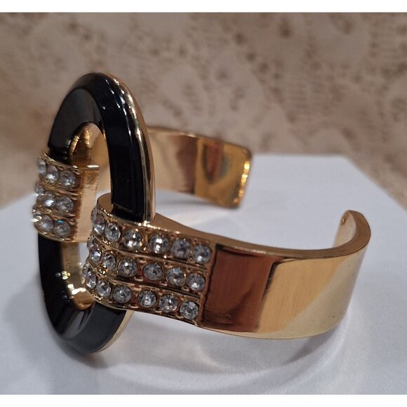 EUC Vintage Gold-Tone & Black Cuff Bangle Bracelet With Clear Rhinestones - Picture 2 of 6
